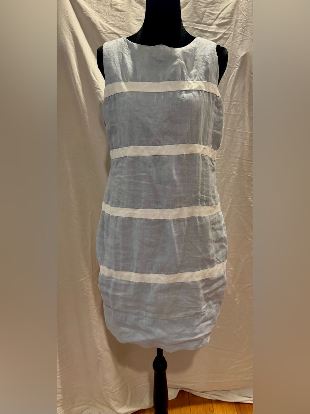 Gretchen Scott Designs Light Blue and White Striped Linen Sleeveless Mini Dress
